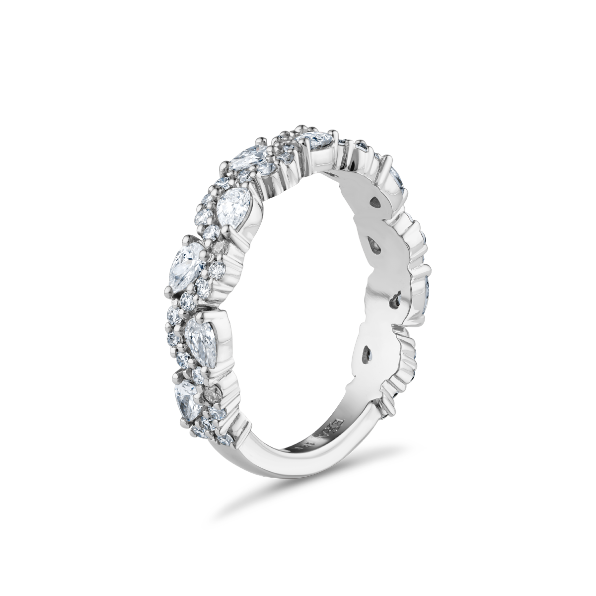 Elegant 18K white gold semi-eternity band adorned with 11 pear-shaped diamonds totaling 0.53ct and 46 round brilliant diamonds totaling 0.23ct, VVS-VS clarity, covering three-quarters of the band.