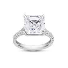 Load image into Gallery viewer, Exquisite platinum engagement ring featuring a 5ct Asscher cut lab diamond, VS1/F, in an eagle claw setting, with a split band and cathedral style silhouette, adorned with 0.39tcw of small round brilliant diamonds pavé set along the band, offering classic styling with Deco glamour.
