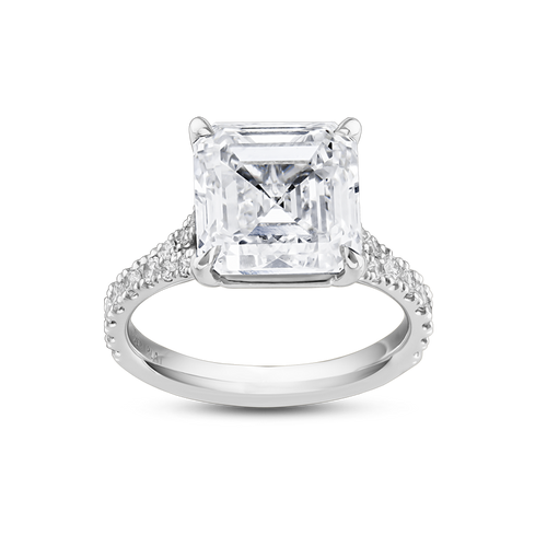 Exquisite platinum engagement ring featuring a 5ct Asscher cut lab diamond, VS1/F, in an eagle claw setting, with a split band and cathedral style silhouette, adorned with 0.39tcw of small round brilliant diamonds pavé set along the band, offering classic styling with Deco glamour.