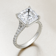 Charger l&#39;image dans la galerie, Exquisite platinum engagement ring featuring a 5ct Asscher cut lab diamond, VS1/F, in an eagle claw setting, with a split band and cathedral style silhouette, adorned with 0.39tcw of small round brilliant diamonds pavé set along the band, offering classic styling with Deco glamour.

