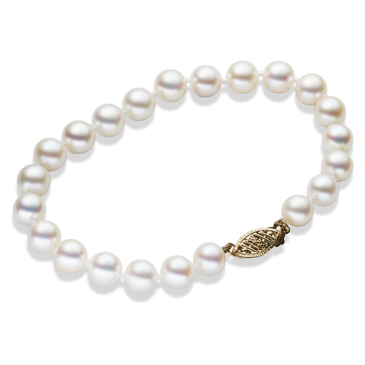 Elegant pearl bracelet with a 14K yellow gold filigree clasp, featuring 22 white pearls, each 6-6.5mm in diameter.