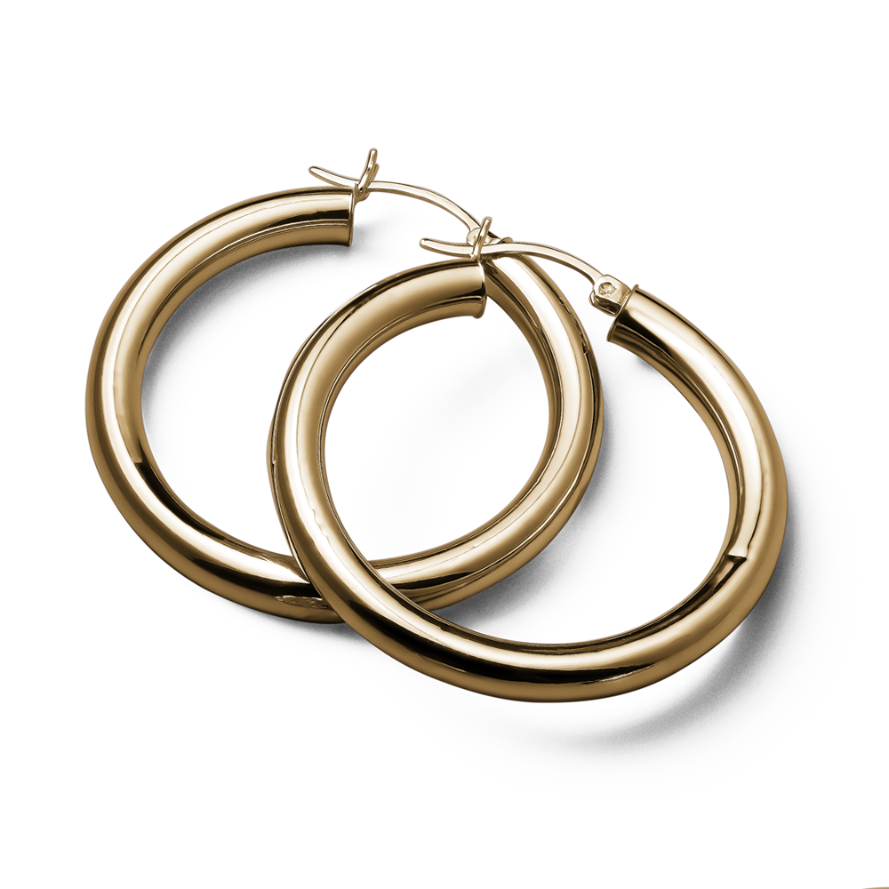 Elegant 14K yellow gold hoop earrings, 40mm in diameter with a 5mm tube width, offering a blend of delicate beauty and quality, suitable for everyday wear or special occasions.