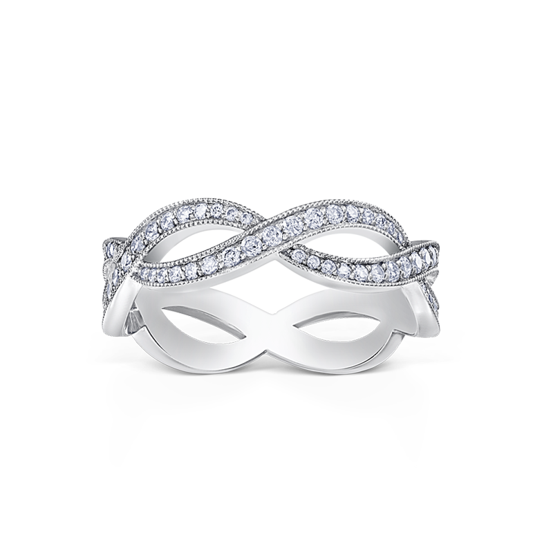 Dynamic diamond crossover band in 18K white gold, featuring 0.63tcw of round brilliant diamonds pavé set in overlapping frames, with a fluid scallop contour that complements solitaire rings.