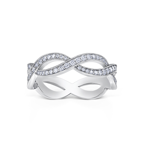 Dynamic diamond crossover band in 18K white gold, featuring 0.63tcw of round brilliant diamonds pavé set in overlapping frames, with a fluid scallop contour that complements solitaire rings.