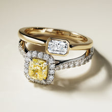 Charger l&#39;image dans la galerie, Elegant Radiant Sunbeam gold ring in 14K yellow gold, featuring a 0.31ct radiant cut diamond in a modern bezel setting, combining the rich warmth of the gold band with the dazzling sparkle of the diamond.
