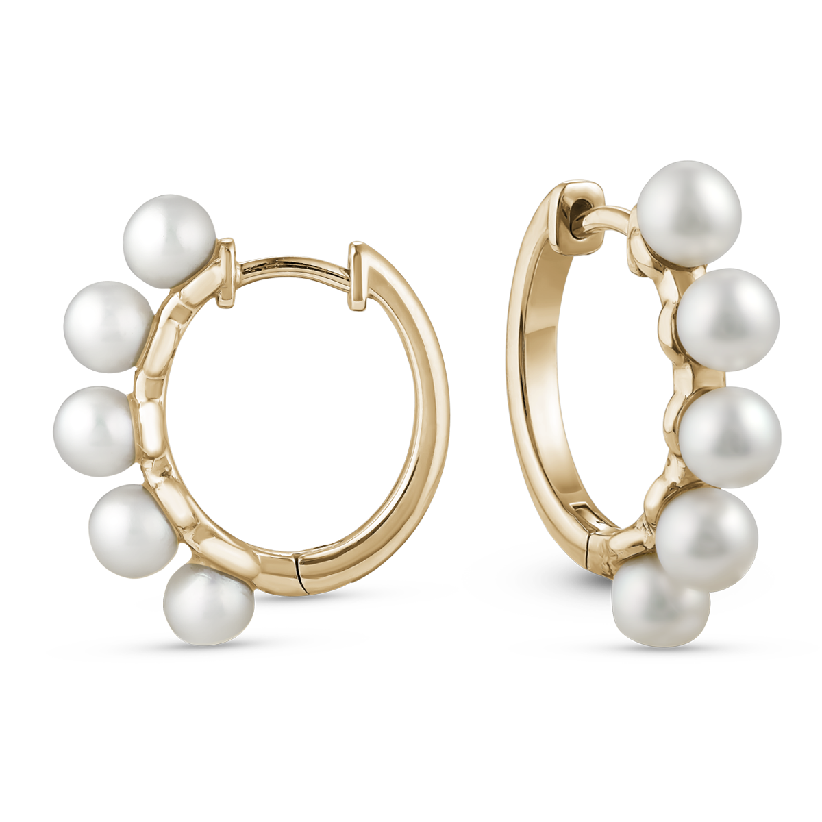 Charming pearl hugger earrings in 18K yellow gold, 14mm long, adorned with 4-4.5mm white half-drilled pearls, combining popular hugger hoop style with an elegant pearl design.