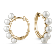 Load image into Gallery viewer, Charming pearl hugger earrings in 18K yellow gold, 14mm long, adorned with 4-4.5mm white half-drilled pearls, combining popular hugger hoop style with an elegant pearl design.
