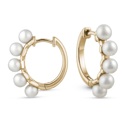 Charming pearl hugger earrings in 18K yellow gold, 14mm long, adorned with 4-4.5mm white half-drilled pearls, combining popular hugger hoop style with an elegant pearl design.