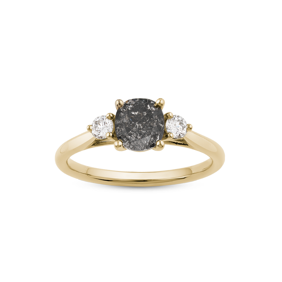 Elegant engagement ring in 18K yellow gold, featuring a 0.94ct oval salt & pepper diamond, flanked by two round brilliant diamonds totaling 0.15tcw, combining tradition with a luxurious warm appeal.