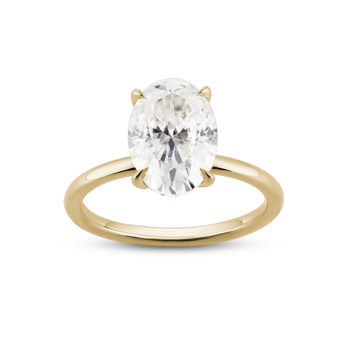 Elegant engagement ring in 18K yellow gold, featuring a 2ct Moissanite Oval with eagle claw setting, and a hidden halo of 0.05ct in 14 small diamonds, offering a modern look with exceptional sparkle.