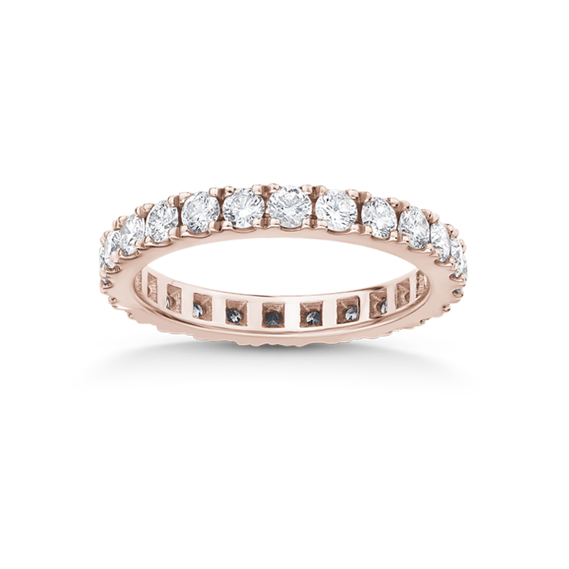 Elegant full eternity band in 18K rose gold, featuring 0.96tcw of round brilliant diamonds in four claw settings, creating a squared-illusion in a geometric gallery.