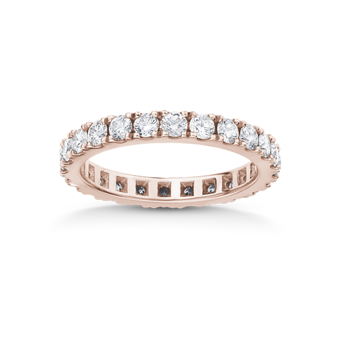 Elegant full eternity band in 18K rose gold, featuring 0.96tcw of round brilliant diamonds in four claw settings, creating a squared-illusion in a geometric gallery.