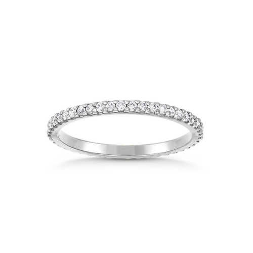 Elegant full eternity band in 14K white gold, featuring continuous round brilliant diamonds totaling 0.42tcw, each diamond 0.015ct, set in a pavé style with shared beads for a refined and shimmering appearance.