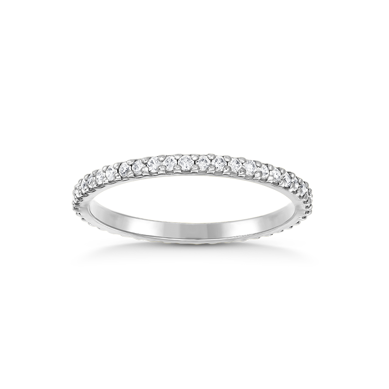 Elegant full eternity band in 14K white gold, featuring continuous round brilliant diamonds totaling 0.42tcw, each diamond 0.015ct, set in a pavé style with shared beads for a refined and shimmering appearance.