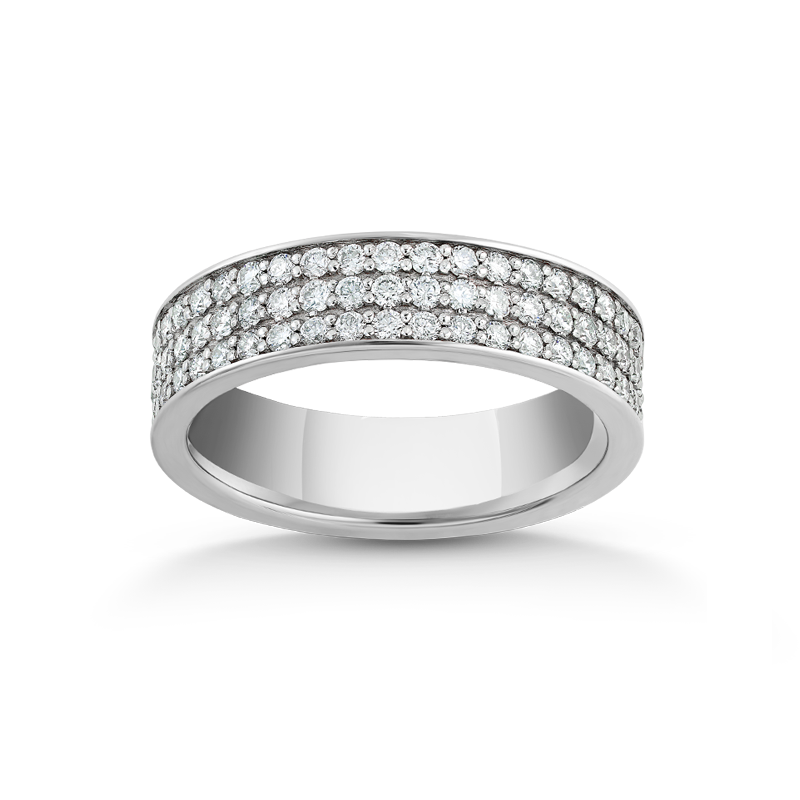 Striking ring in 14K white gold, weighing approximately 5.3gr, featuring three rows of pavé set diamonds totaling 0.63tcw, designed as a half eternity band for a bold contemporary-modern look.