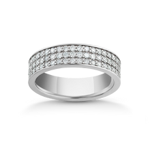 Load image into Gallery viewer, Striking ring in 14K white gold, weighing approximately 5.3gr, featuring three rows of pavé set diamonds totaling 0.63tcw, designed as a half eternity band for a bold contemporary-modern look.

