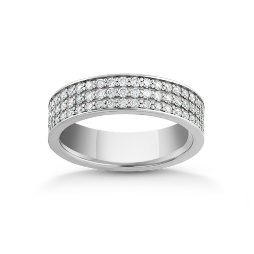 Striking ring in 14K white gold, weighing approximately 5.3gr, featuring three rows of pavé set diamonds totaling 0.63tcw, designed as a half eternity band for a bold contemporary-modern look.