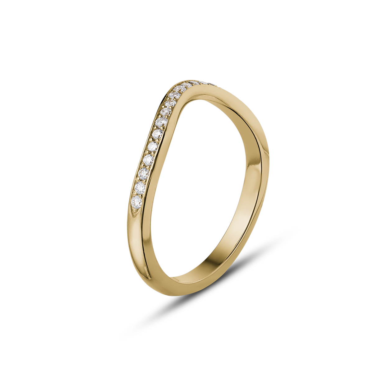 Elegant curved 14K yellow gold band, weighing approximately 2.10gr, adorned with fine pavé diamonds along the top curve, designed to complement solitaire engagement rings with a soft, contouring fit.