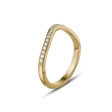 Load image into Gallery viewer, Elegant curved 14K yellow gold band, weighing approximately 2.10gr, adorned with fine pavé diamonds along the top curve, designed to complement solitaire engagement rings with a soft, contouring fit.
