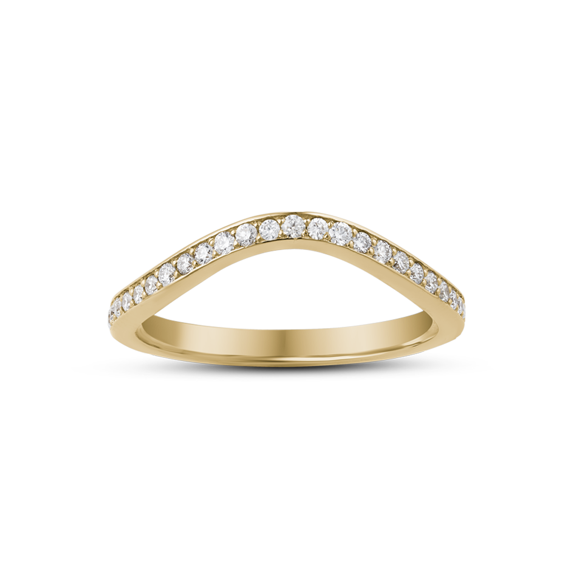 Elegant curved 14K yellow gold band, weighing approximately 2.10gr, adorned with fine pavé diamonds along the top curve, designed to complement solitaire engagement rings with a soft, contouring fit.