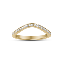 Load image into Gallery viewer, Elegant curved 14K yellow gold band, weighing approximately 2.10gr, adorned with fine pavé diamonds along the top curve, designed to complement solitaire engagement rings with a soft, contouring fit.
