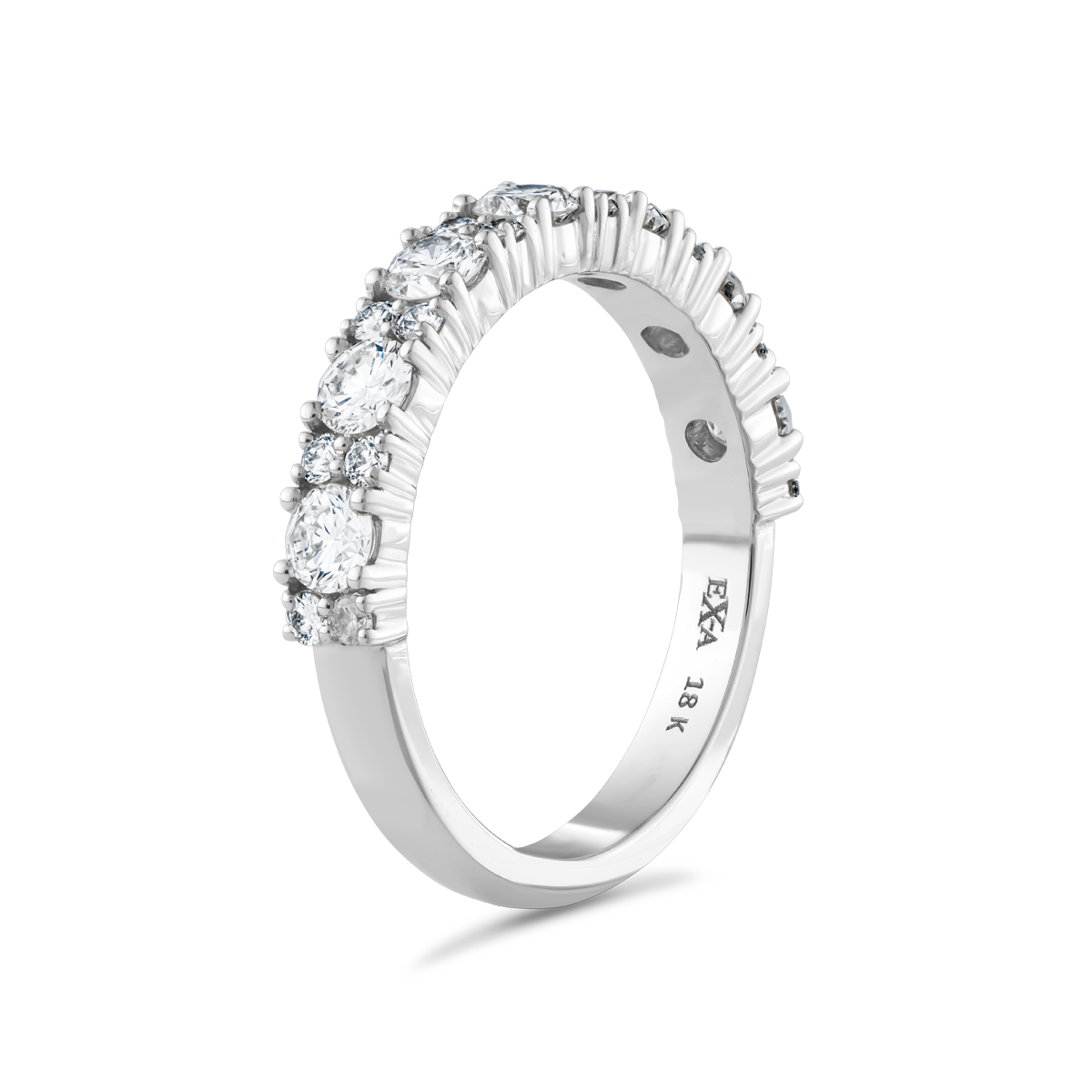 Sophisticated 18K white gold half eternity ring, featuring approximately 1.01tcw of round brilliant diamonds in prong settings, designed with a low profile for comfort.