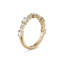 Charger l&#39;image dans la galerie, Elegant 18K yellow gold band featuring 21 round brilliant diamonds totaling approximately 0.75tcw in a fine prong setting, adorning the top half of the band.
