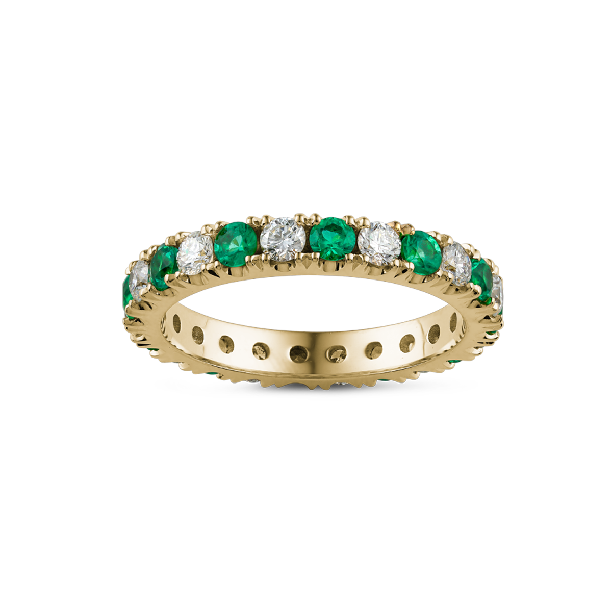 18K yellow gold ring featuring a seamless blend of 0.65tcw round cut emeralds and 0.72tcw diamonds in prong settings