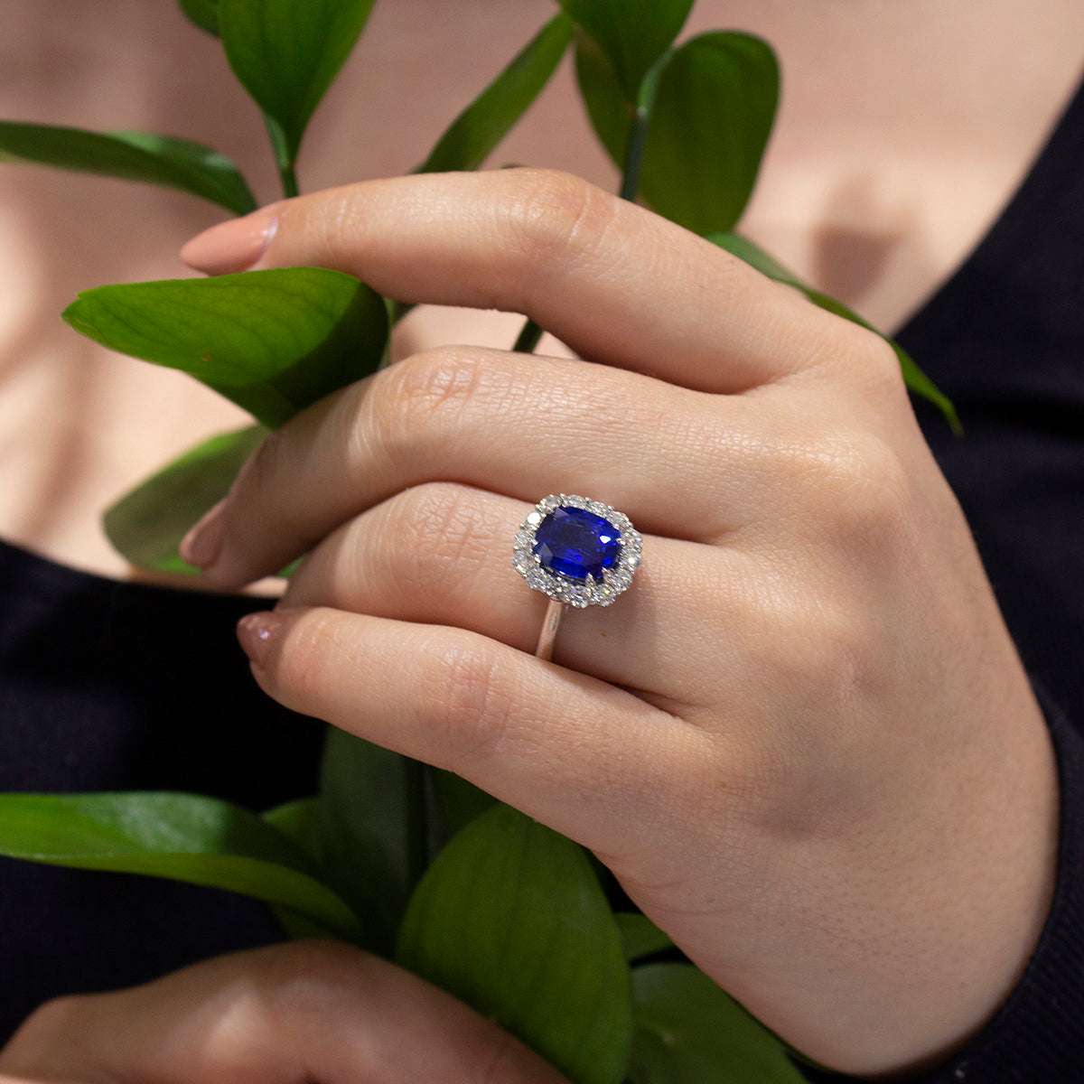 Stunning engagement ring in 18K white gold, featuring a vibrant cushion-cut Ceylon sapphire, surrounded by 14 round brilliant diamonds totaling 0.70tcw, with double eagle claw settings, handcrafted in Montreal by Exaurum.