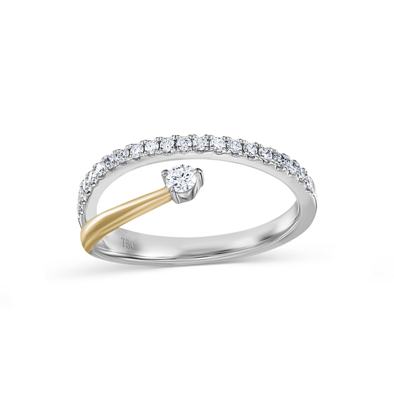 Unique and striking ring with an 18k white gold pavé diamond band, along with a three-prong feature stone set in 18k yellow gold on the bottom, popping out like a shooting star.