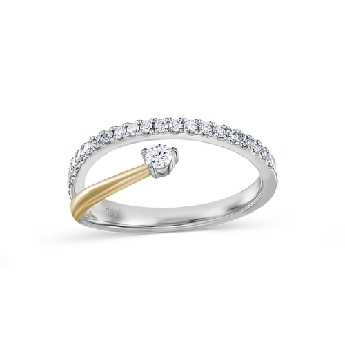 Unique and striking ring with an 18k white gold pavé diamond band, along with a three-prong feature stone set in 18k yellow gold on the bottom, popping out like a shooting star.