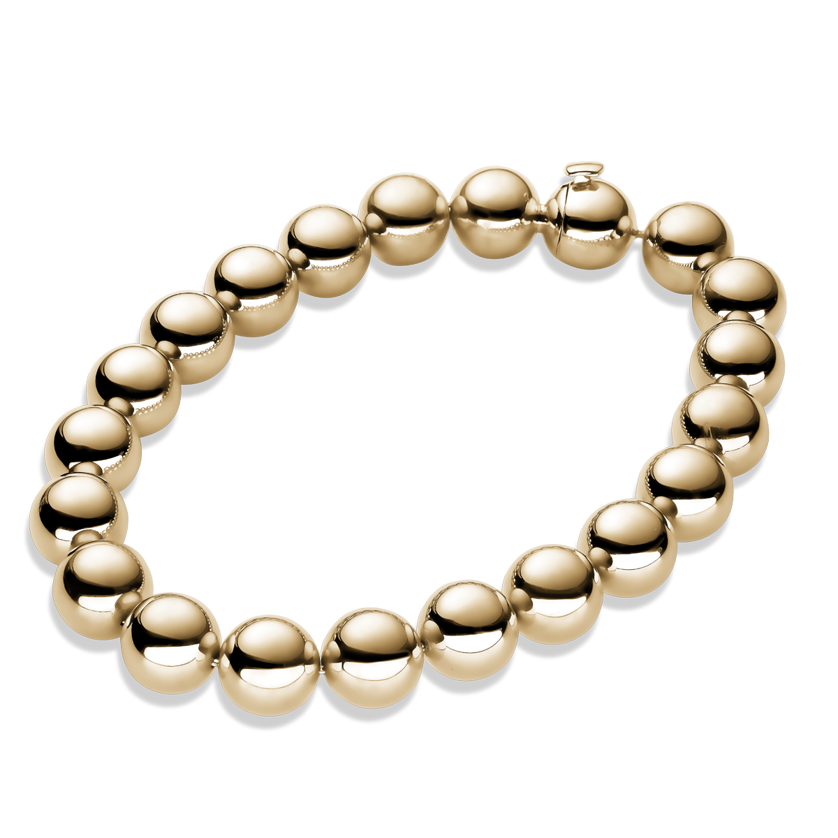 Luxurious 14K yellow gold bracelet with 8mm hollow gold balls with a polished finish, strung on a chain, featuring a hidden split clasp for secure wear.