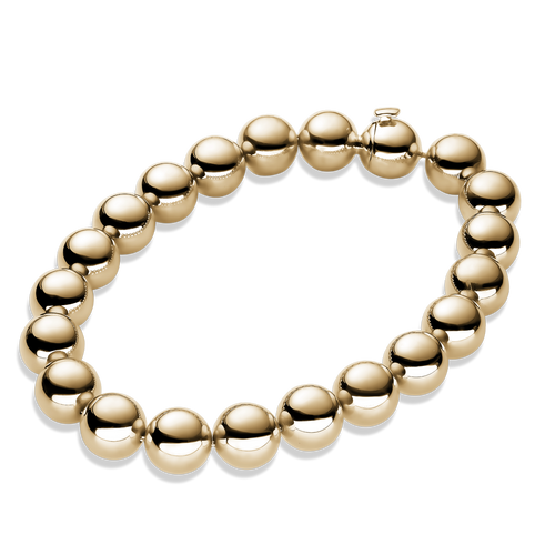 Luxurious 14K yellow gold bracelet with 8mm hollow gold balls with a polished finish, strung on a chain, featuring a hidden split clasp for secure wear.