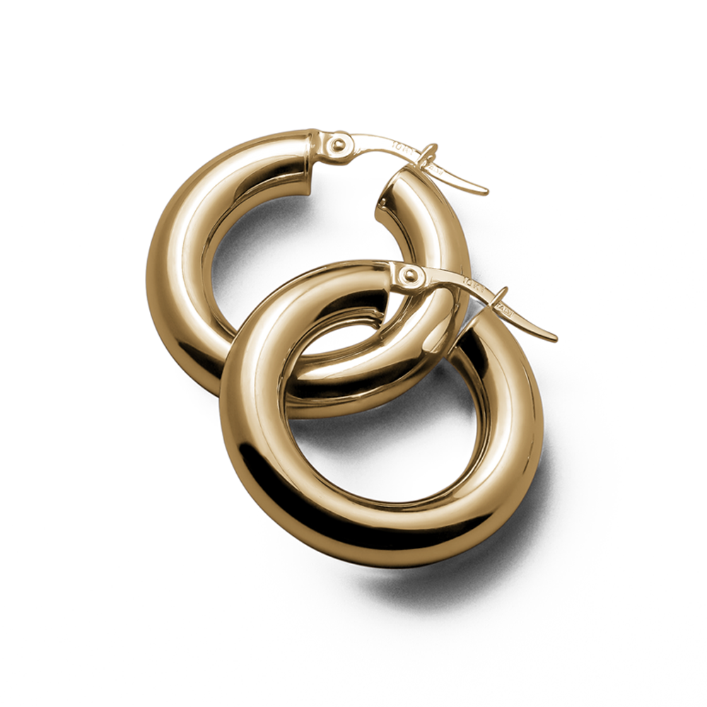 Elegant 10K yellow gold hoop earrings, 25mm in diameter with a 5mm tube width, featuring a high polished glossy finish, offering a luxurious and warm appearance, Italian-made for refined comfort.