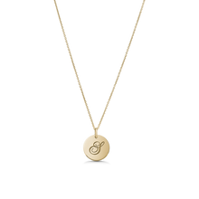 Charger l&#39;image dans la galerie, Unique double-sided 14K yellow gold pendant, featuring a script-styled initial on one side and a gemstone set in a diamond-cut star pattern on the reverse, measuring 15mm in diameter, accompanied by an 18&quot; adjustable chain.
