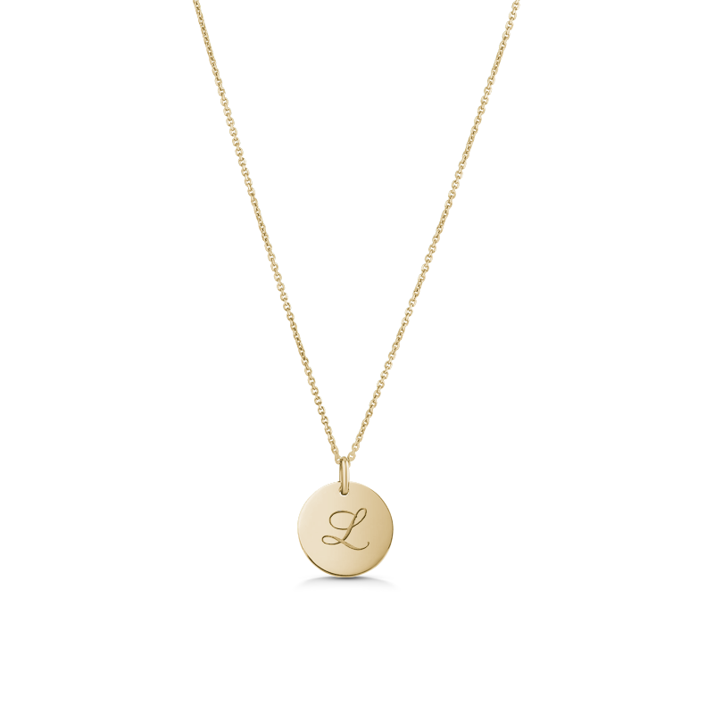 Unique double-sided 14K yellow gold pendant, featuring a script-styled initial on one side and a gemstone set in a diamond-cut star pattern on the reverse, measuring 15mm in diameter, accompanied by an 18" adjustable chain.