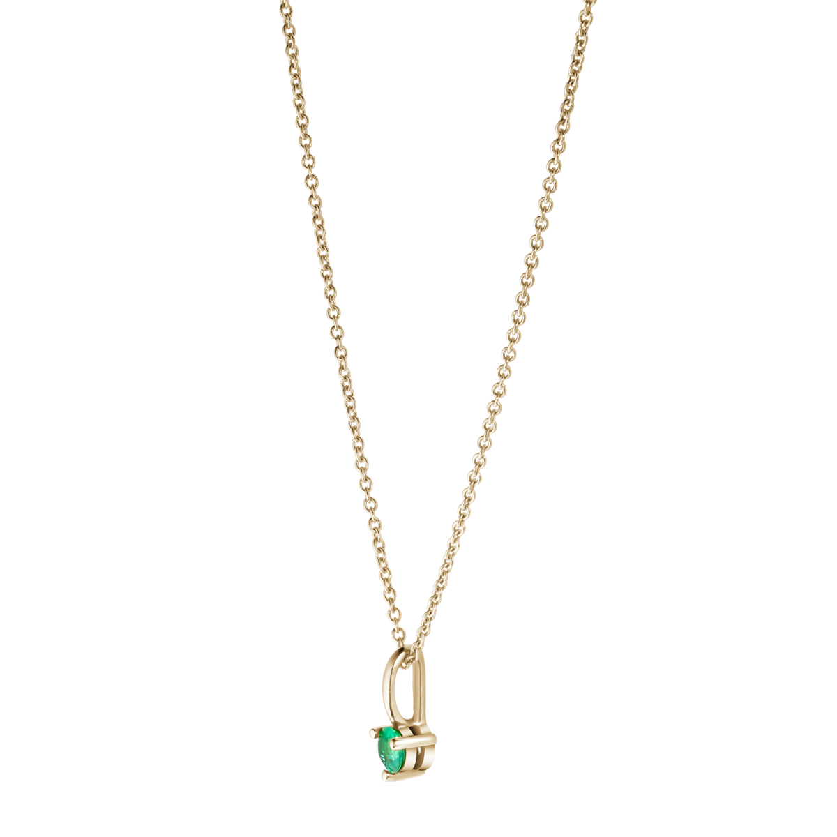 Elegant 18K yellow gold necklace featuring a 0.50ct round emerald, chosen for its vivid green color and natural brilliance, gracefully suspended from a delicate chain.