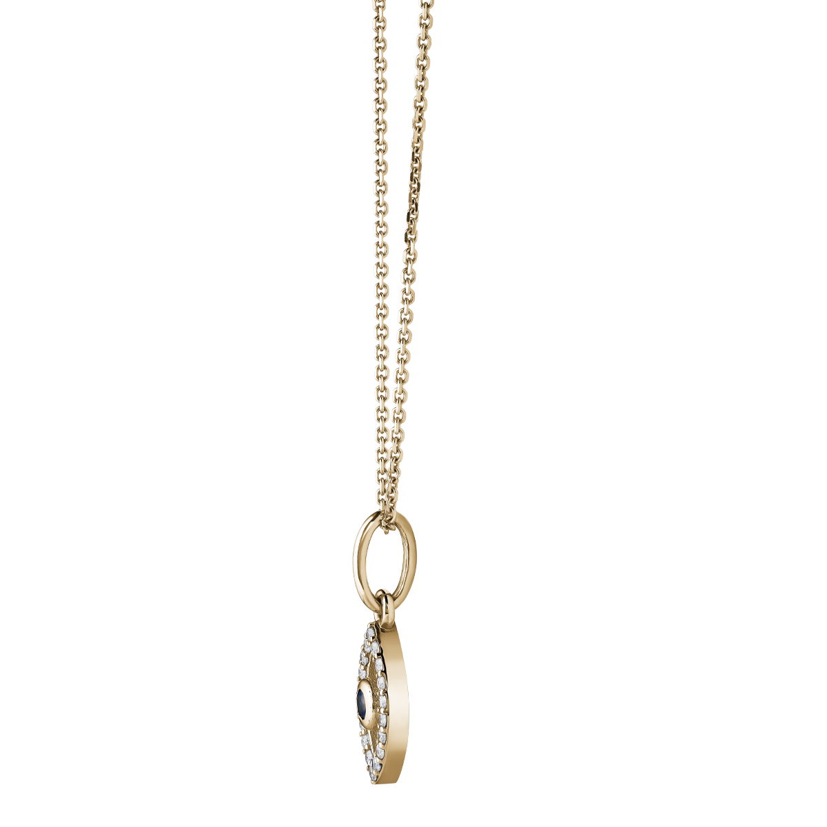 Elegant 14K yellow gold evil eye pendant featuring a 0.06ct round sapphire center, surrounded by 0.14tcw diamonds (19 in total), presented on an 18-inch 1.03mm cable chain with a lobster clasp, blending ancient symbolism with modern design.