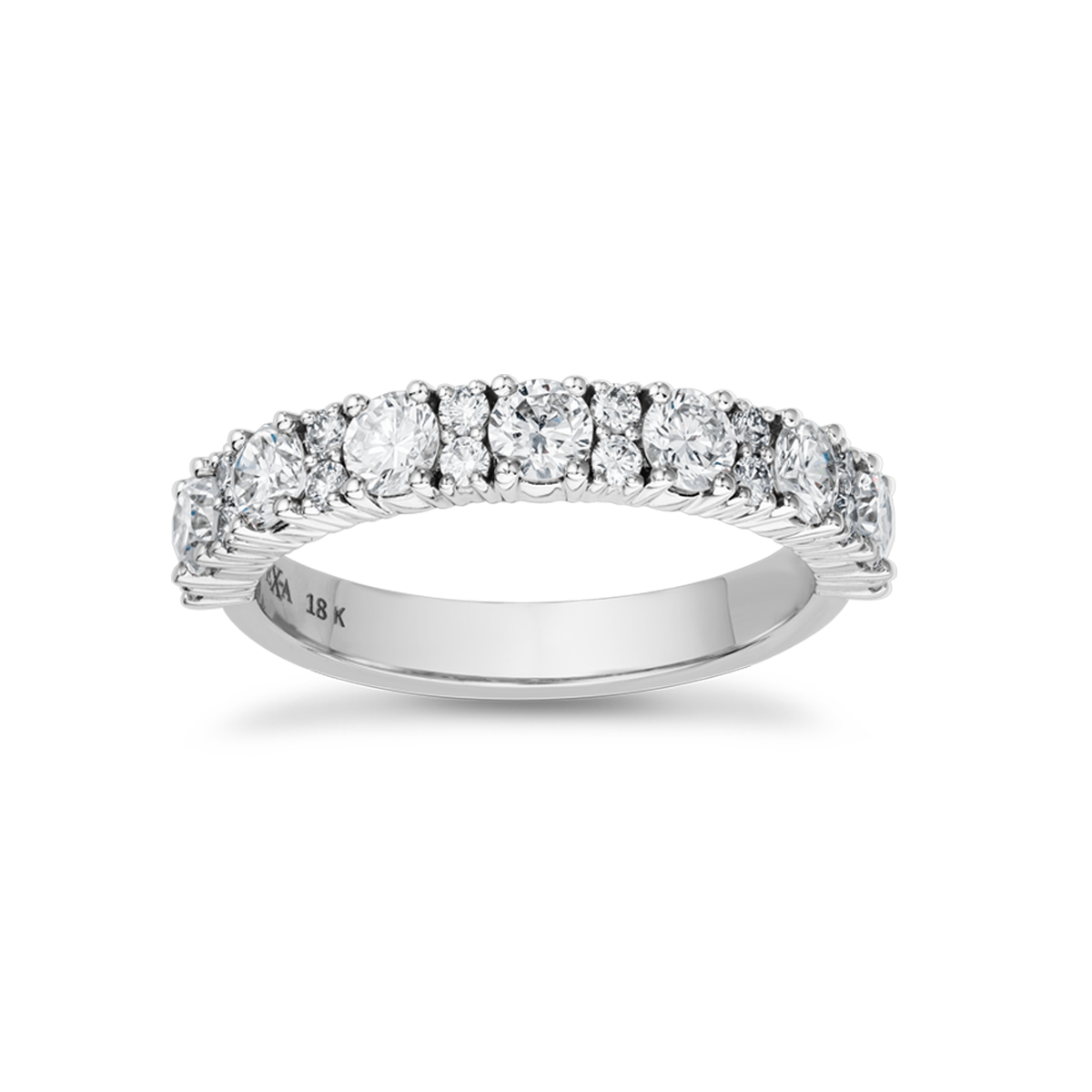 Sophisticated 18K white gold half eternity ring, featuring approximately 1.01tcw of round brilliant diamonds in prong settings, designed with a low profile for comfort.