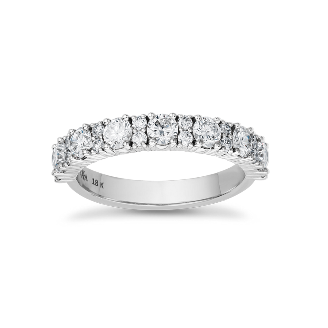 Sophisticated 18K white gold half eternity ring, featuring approximately 1.01tcw of round brilliant diamonds in prong settings, designed with a low profile for comfort.