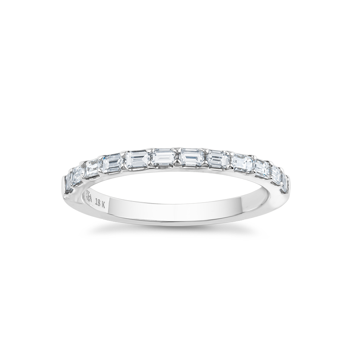 Elegant 18K white gold semi-eternity band, approximately 2.10gr, featuring 12 sleek baguette diamonds totaling an estimated 0.48tcw, designed for a sparkling and lean appearance.