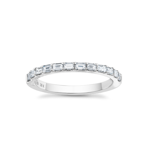 Elegant 18K white gold semi-eternity band, approximately 2.10gr, featuring 12 sleek baguette diamonds totaling an estimated 0.48tcw, designed for a sparkling and lean appearance.