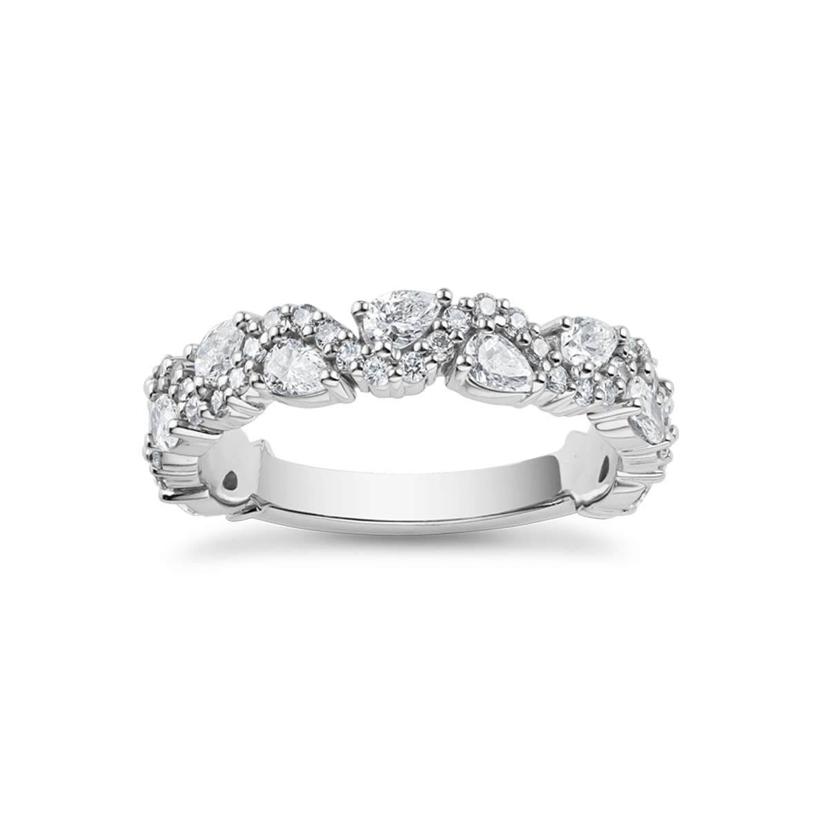 Elegant 18K white gold semi-eternity band adorned with 11 pear-shaped diamonds totaling 0.53ct and 46 round brilliant diamonds totaling 0.23ct, VVS-VS clarity, covering three-quarters of the band.