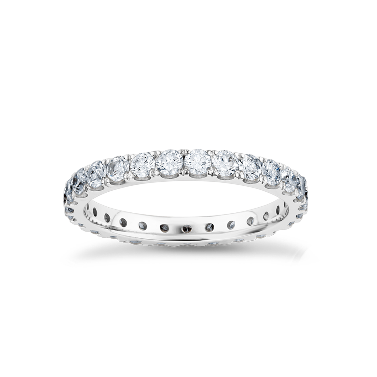 Elegant full eternity band in 18K white gold, featuring 1.35tcw of round brilliant diamonds evenly spaced around the band, symbolizing endless love and partnership.