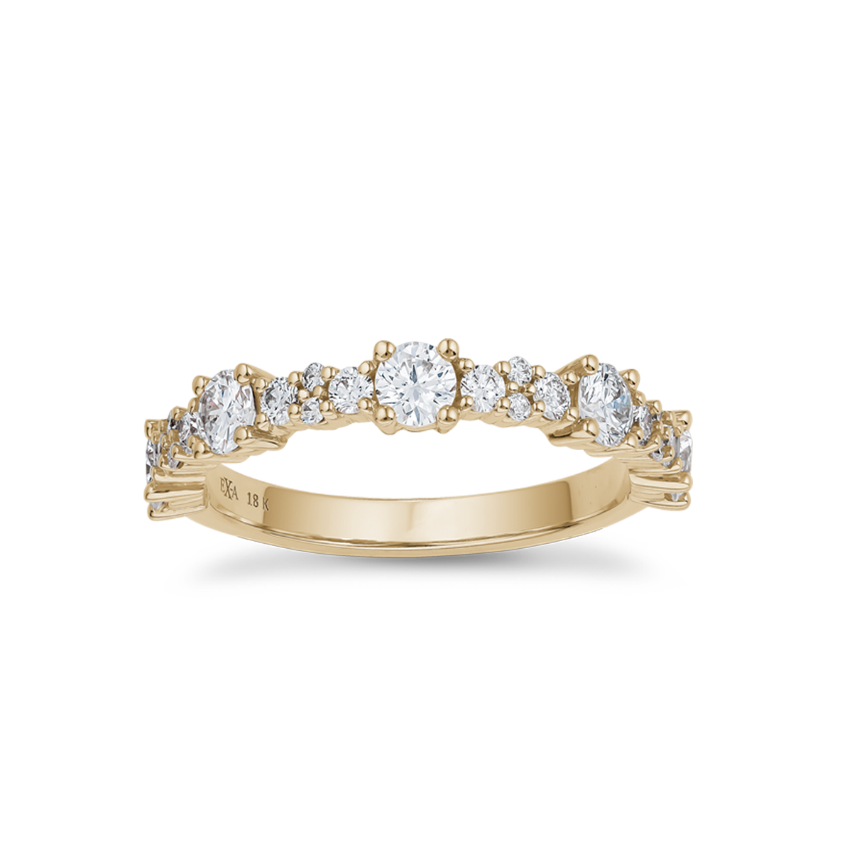 Elegant 18K yellow gold band featuring 21 round brilliant diamonds totaling approximately 0.75tcw in a fine prong setting, adorning the top half of the band.