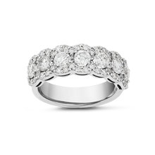 Load image into Gallery viewer, Exquisite ring in 18K white gold, handcrafted in Montreal by Ex Aurum, featuring seven feature diamonds surrounded by a continuous scalloped halo, with a total of approximately 53 diamonds and weighing about 5gr, showcasing a gleaming and elegant design.
