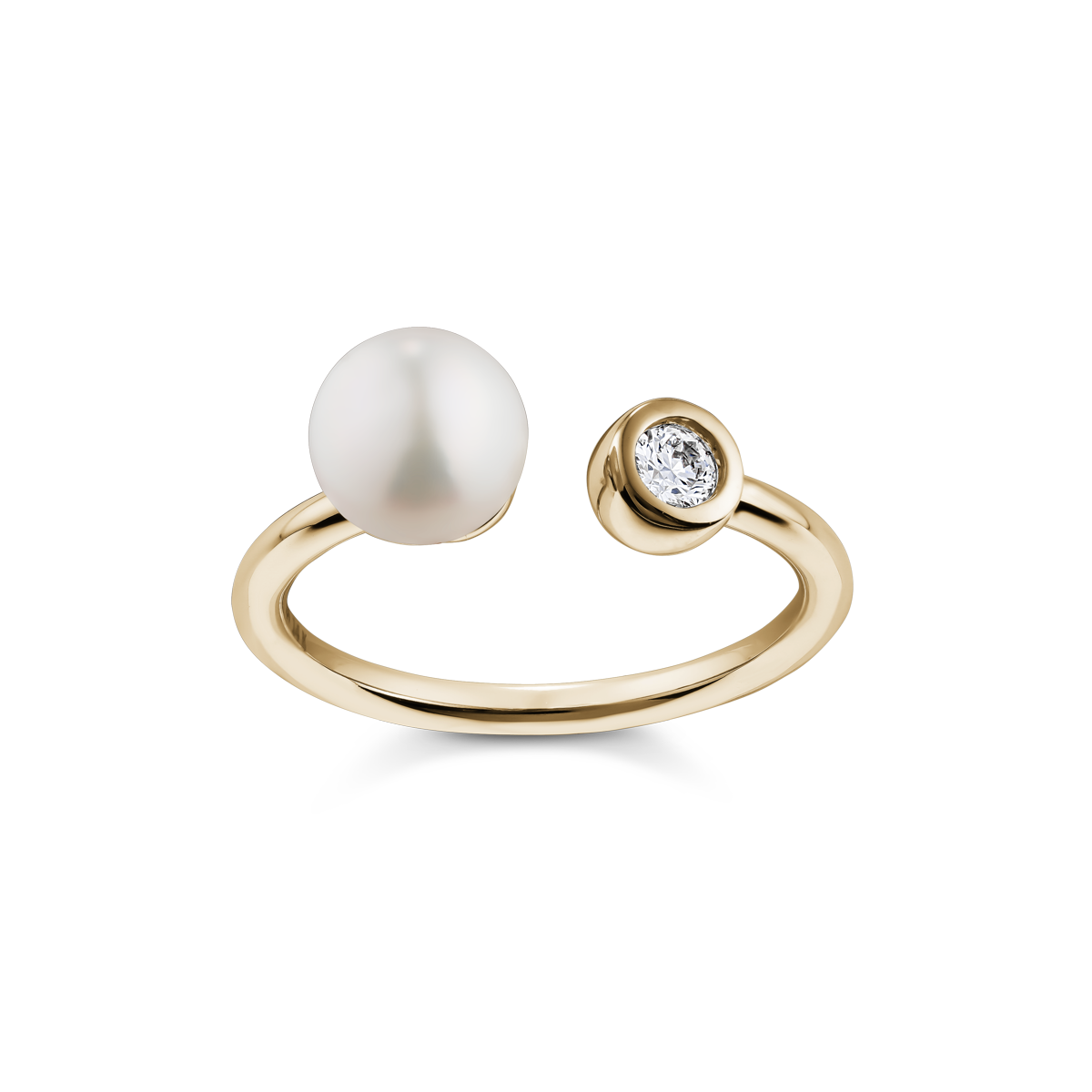 Elegant ring in 14K yellow gold, handcrafted by Ex Aurum in Montreal, featuring a 6.5-6.75mm round white pearl and a 0.09ct round brilliant diamond in a bezel setting, symbolizing purity and unity.