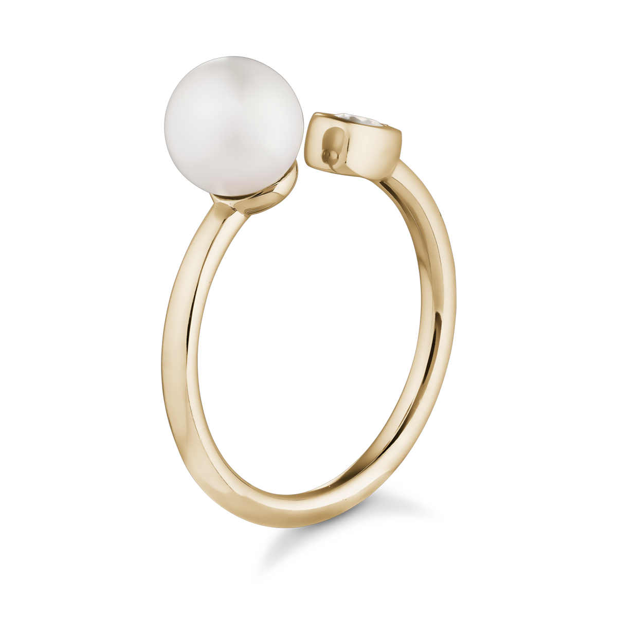 Elegant ring in 14K yellow gold, handcrafted by Ex Aurum in Montreal, featuring a 6.5-6.75mm round white pearl and a 0.09ct round brilliant diamond in a bezel setting, symbolizing purity and unity.