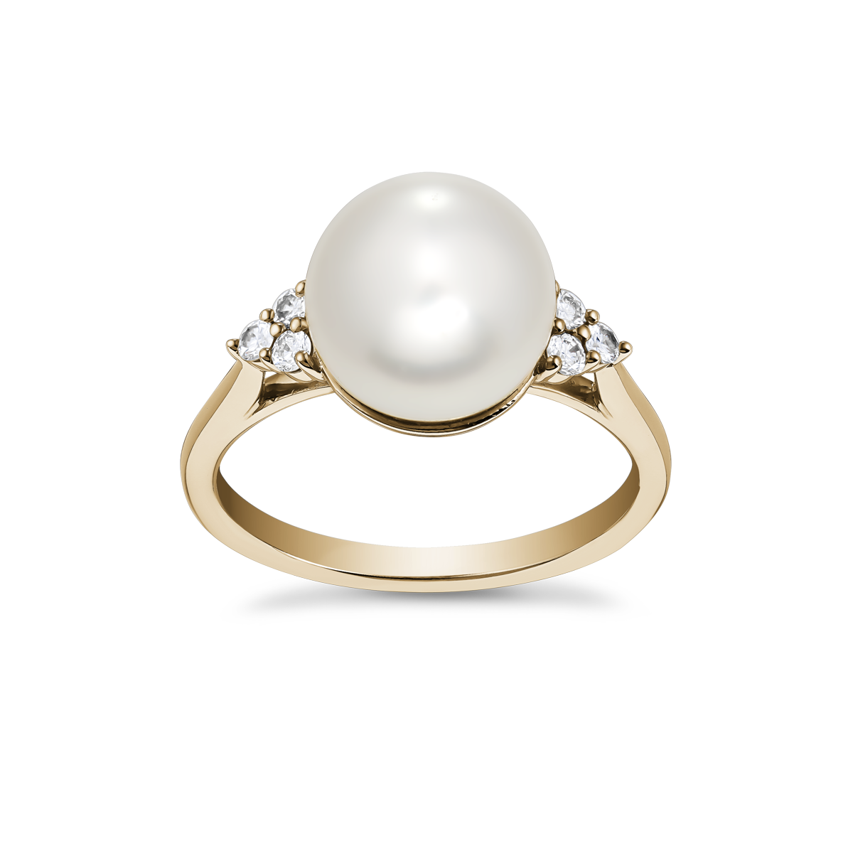 Sophisticated cathedral-style ring in 18K yellow gold, featuring a large South Sea pearl (9-9.5mm) framed by six diamonds totaling 0.15tcw, embodying timeless beauty, handcrafted by Ex Aurum in Montreal.