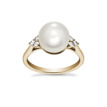 Load image into Gallery viewer, Sophisticated cathedral-style ring in 18K yellow gold, featuring a large South Sea pearl (9-9.5mm) framed by six diamonds totaling 0.15tcw, embodying timeless beauty, handcrafted by Ex Aurum in Montreal.
